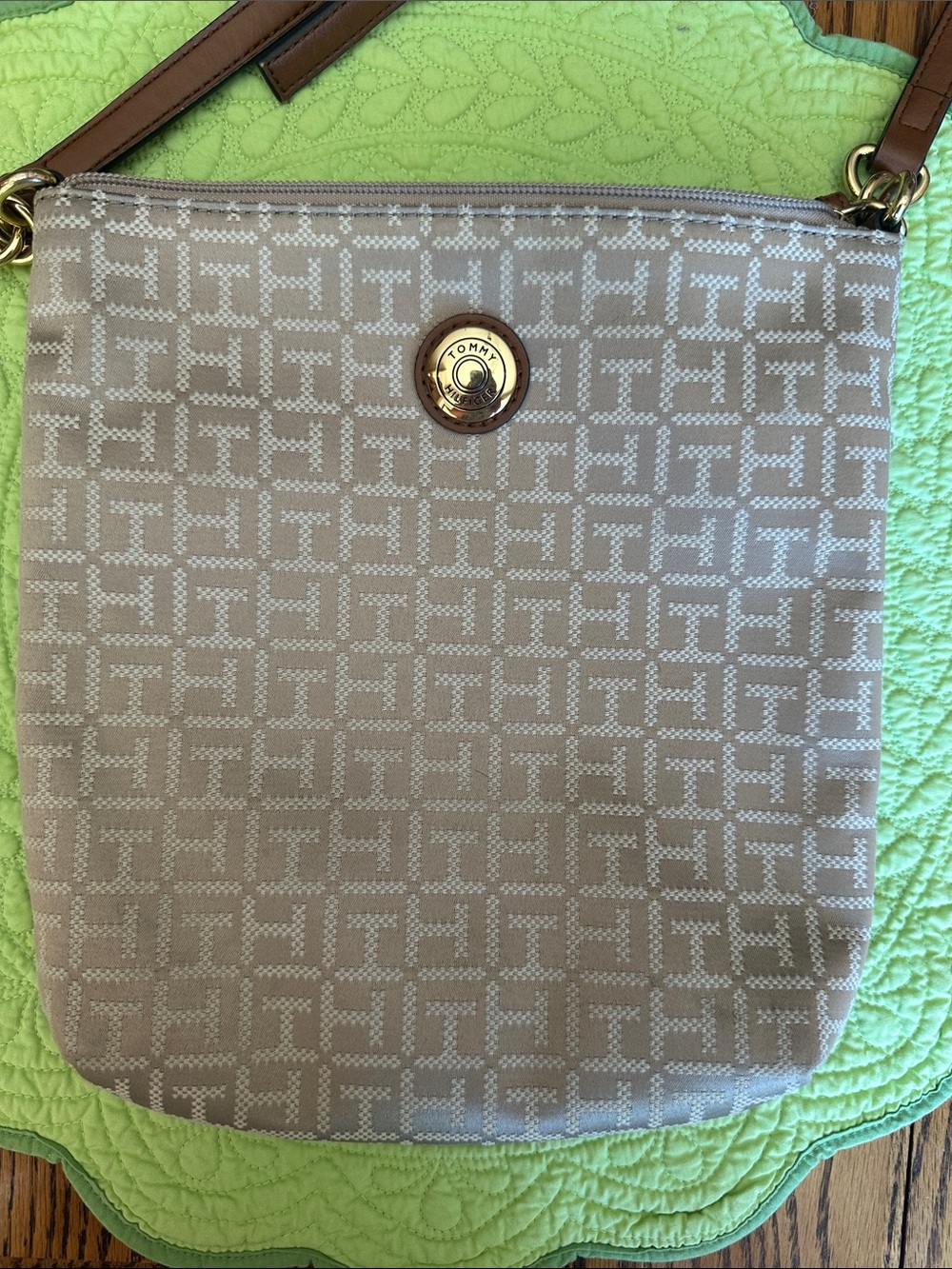 Tommy Hilfiger Beige Logo Crossbody Bag with Tan Strap